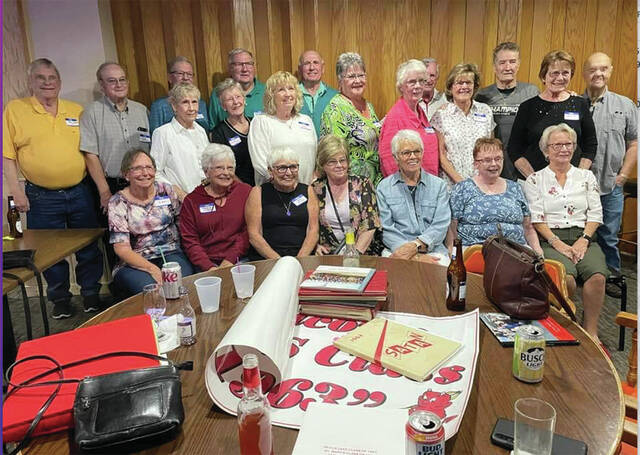 129908646_web1_Class-reunion-3-
A total of 32 classmates gathered for the 60th class reunion of the DLHS Class of 1963. Four organizers; Rocky, Smiley, Tom and Mary Ellen planned the fun-filled three days. We met at the KC Hall, Annas Cocina & Tequilla, The Ranch and Roosevelt Park. As a bonus the Footloose Cast joined us for a picnic lunch at the park. Classmates pictured: back row: Ken Lybeck, Tom Maloney, Ed Miller, Marvin Aardahl, Ross Johnson, Tom Mikkelson, Darrell Rocky Hanson and Ron Smiley Nelson. Middle row: Janet Wilcox, Dorothy Hegge, Karen Christianson, Edie Jahnke, Elaine Martinson, Diane Wood and Janice Wood. Front row: JoAnn Harveland, Marcia Lauinger, Jacque Jerstad, Judy Miller, Karen Larson, Mary Ellen Johnson and Rhonda Johnson.