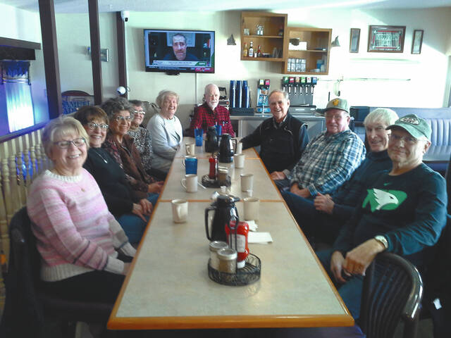 130511257_web1_FAther-John-Davis-visits-
Father John Davis (originally from Devils Lake) arrived in the USA from his home in Chimbote, Peru over the Easter weekend for medical appointments at Fargo, and he visited Devils Lake including spending part of the afternoon with fellow classmates from the Class of 61 at the Old Main Street Cafe. Pictured left to right are Judy Dahlen Schwab, Marilyn Becker Burckhard, Linda Jensen Hanson, Vickie Dosch Buckmeier, Ellen Herda Connor (Central 62), Mike Connor, Father John, Collin Hanson, Duane Moen, and Dennis Anderson.