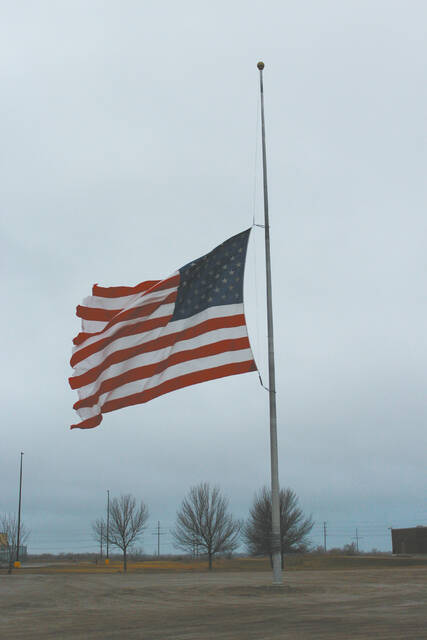 130703809_web1_flag-at-Ford-
The flag at Devils Lake Cars Marketplace Ford on US Highway 2 West is flying at half staff in this file photo from the DLJ archives. The current version of the flag, shown here, is the 27th iteration of the American flag. According to the U.S. Chamber of Commerce, the current version of the flag officially became the flag on July 4, 1960.