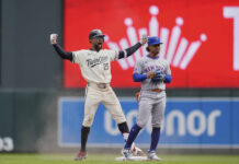 
			
				                                Minnesota Twins’ Byron Buxton (25), left, celebrates next to New York Mets shortstop Francisco Lindor (12) after hitting an RBI-single during the fifth inning of a baseball game, Wednesday, April 16, 2025, in Minneapolis. (AP Photo/Abbie Parr)
 
			
		