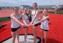 
			
				                                Devils Lake 4x800 relay: Dottie Goss, Tenley Triepke, Aubrie Lebrun, Riley Schmiess (Photo via Devils Lake Firebirds Track and Field Facebook)
 
			
		