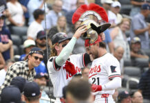 
			
				                                Minnesota Twins’ DaShawn Keirsey, right, gets a home-run helmet placed on his head by Harrison Bader after hitting a two-run home run against the Boston Red Sox during the third inning of a baseball game Monday, July 28, 2025, in Minneapolis. Minnesota Twins’ Christian Vazquez also scored. (AP Photo/Craig Lassig)
 
			
		