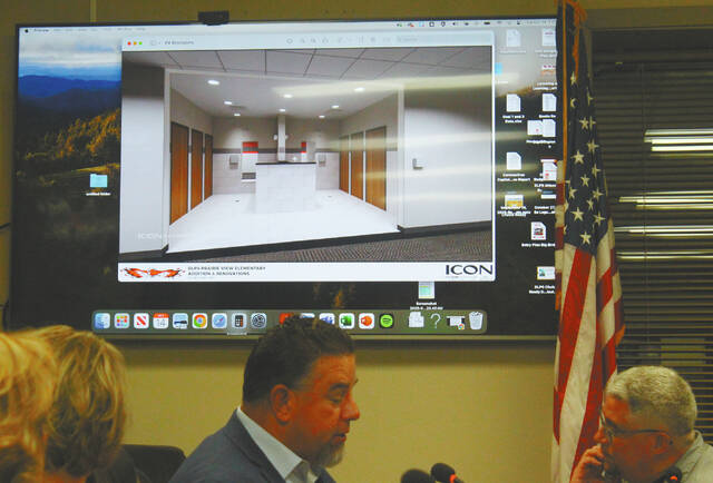 
			
				                                The photo on the screen is the current plan for new bathrooms at Prairie View Elementary School under renovation in Devils Lake. Note the three doors on the left will be for boys and the three on the right will be for girls. The issue under discussion and debate at more than one previous school board meetings is the height and length of the “wall” that separates the sinks on the left from the sinks on the right. (Photo taken at the Oct. 14 7 a.m. Special Meeting of the Devils Lake School Board, photo credit goes to Louise Oleson)
 
			
		