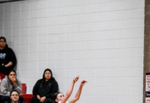 
			
				                                Four Winds/Minnewaukan’s Cailee Hanson attempts a three-pointer from the corner. (Photo by Cameron Carlson)
 
			
		