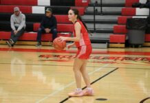 Lake Region Invitational consolation semifinals: Devils Lake JV, Nelson County each lose by one point
Devils Lakes Tenley Triepke dribbles the ball. (Photo by Mojo Hill)