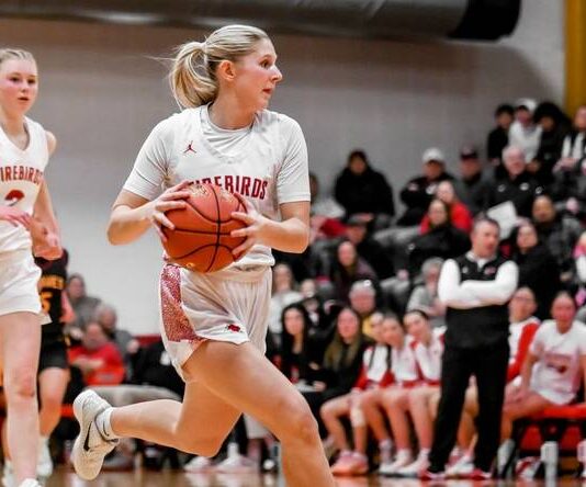 Devils Lake girls’ basketball taken down by Turtle Mountain in second game of season
Tylie Brodina takes it down the court in the Firebirds game against Turtle Mountain on Monday, Dec. 8. (Photo by Cameron Carlson)
