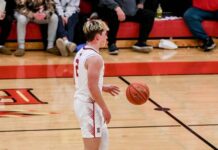 Mason Palmer, Ben Brodina lead Devils Lake to season-opening win over Red River
Mason Palmer dribbles the ball past halfcourt for the Firebirds. (Photo by Cameron Carlson)