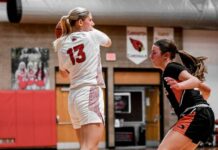 
			
				                                Tylie Brodina looks for an opening in Devils Lakes game against Rugby on Dec. 16. (Photo by Cameron Carlson)
 
			
		