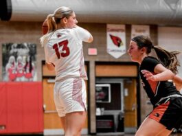 
			
				                                Tylie Brodina looks for an opening in Devils Lakes game against Rugby on Dec. 16. (Photo by Cameron Carlson)
 
			
		