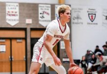 
			
				                                Max Palmer dribbles while looking for an opening. (Photo by Cameron Carlson)
 
			
		