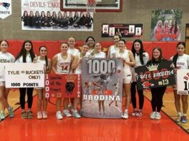 
			
				                                Devils Lake junior guard Tylie Brodina surpassed 1,000 career points in the Firebirds win over Grand Forks Red River. Shes pictured with family and teammates after the game. (Photos courtesy of Christa Brodina)
 
			
		