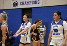 
			
				                                Cailee Hanson and Mercie Morgan get reset between possessions in a recent game. (Photo by Mojo Hill)
 
			
		