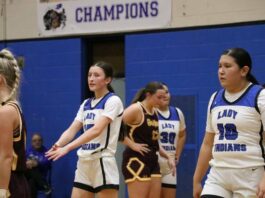 
			
				                                Cailee Hanson and Mercie Morgan get reset between possessions in a recent game. (Photo by Mojo Hill)
 
			
		