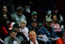 
			
				                                Devils Lake head coach Dustin Brodina. (Photo by Noah Clooten)
 
			
		