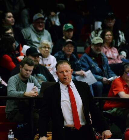 
			
				                                Devils Lake head coach Dustin Brodina. (Photo by Noah Clooten)
 
			
		