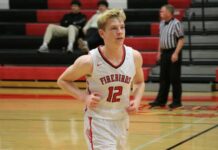 Ramsey County quarterfinals: Devils Lake JV beats Benson County; Nelson County survives second-half scare
Devils Lake JVs Egan Laite subs out during the first game of the 2026 Ramsey County Boys Basketball Tournament. (Photo by Mojo Hill)