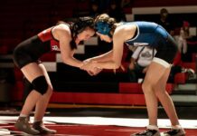 
			
				                                The Devils Lake girls wrestling team won two duals at the Devils Lake Sports Center on Thursday. (Photo by Cameron Carlson)
 
			
		