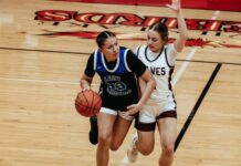 
			
				                                Suri Gourd navigates around a Watford City guard at the Devils Lake Sports Center. (Photo by Cameron Carlson)
 
			
		