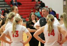 
			
				                                Devils Lake head coach Justin Klein gives the Firebirds a pep talk during a timeout in their game against Kindred on Saturday. (Photo by Mojo Hill)
 
			
		