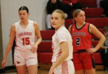 
			
				                                Presley Brown prepares to shoot free throws in Devils Lakes game on Jan. 20 against May-Port-C-G. (Photo by Mojo Hill)
 
			
		