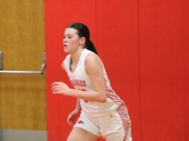 
			
				                                Devils Lakes Mia Elsperger runs down the court during the Firebirds region win over May-Port-C-G. (Photo by Mojo Hill)
 
			
		