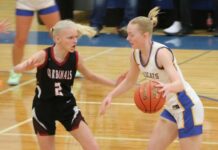 
			
				                                Langdon Area/Munichs Mya Swanson guards Benson Countys Aubrey Kenner. (Photo by Mojo Hill)
 
			
		