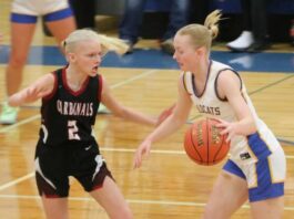 
			
				                                Langdon Area/Munichs Mya Swanson guards Benson Countys Aubrey Kenner. (Photo by Mojo Hill)
 
			
		