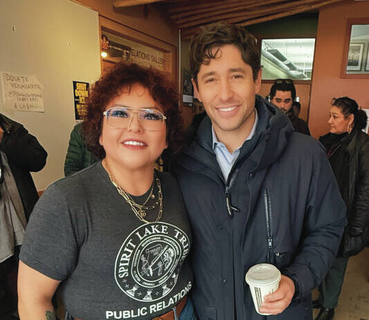 
			
				                                While in Minneapolis on Tuesday, Jan. 20, Spirit Lake Public Relations Specialist Vicki Alberts met briefly with Mayor Jacob Frey to talk about the work Spirit Lake was doing in the Twin Cities area to support tribal citizens with access to identification and enrollment services. (Photo provided by Vicki Alberts)
 
			
		