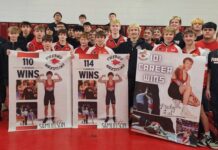 
			
				                                The Devils Lake wrestling team celebrates its dual win over Fargo North and the career milestones for Rylan Samuelson and Wesley Fisk. (Photo via Devils Lake High School Wrestling on Facebook)
 
			
		