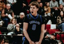 
			
				                                Four Winds/Minnewaukans Joran Lohnes celebrates during the Indians win over Kindred on Saturday in the DLYA Shootout. (Photo by Cameron Carlson)
 
			
		