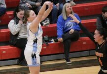 
			
				                                LRSC basketball player and Devils Lake native Torri Fee follows through on a three-point shot. (Photo by Mojo Hill)
 
			
		