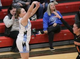 
			
				                                LRSC basketball player and Devils Lake native Torri Fee follows through on a three-point shot. (Photo by Mojo Hill)
 
			
		