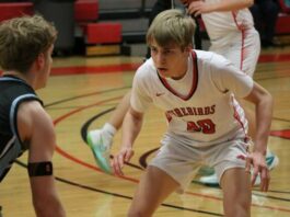 
			
				                                Alex Hammond locks in while guarding a Valley City players in the Firebirds win on Thursday, Jan. 29. (Photo by Mojo Hill)
 
			
		
