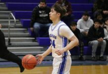 
			
				                                Jonte Delorme dribbles down the court for the Indians. (Photo by Mojo Hill)
 
			
		