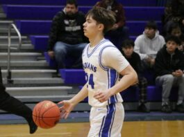 
			
				                                Jonte Delorme dribbles down the court for the Indians. (Photo by Mojo Hill)
 
			
		