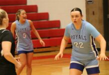 
			
				                                Danielle McNamara gets in defensive position while Sydney Schwabe reacts. (Photo by Mojo Hill)
 
			
		