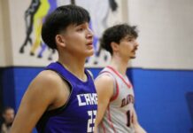 
			
				                                Dalen Leftbear plays one last game in Four Winds home gym for Lake Region State College. (Photo by Mojo Hill)
 
			
		