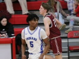 
			
				                                Marial Deng rushes down the court while keeping his eye on where the ball is during Four Winds/Minnewaukans win over Carrington. (Photo by Mojo Hill)
 
			
		