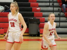 
			
				                                North Stars Annabelle Staus and Claire Jorde compete in the Lake Region Invitational earlier this season. (Photo by Mojo Hill)
 
			
		