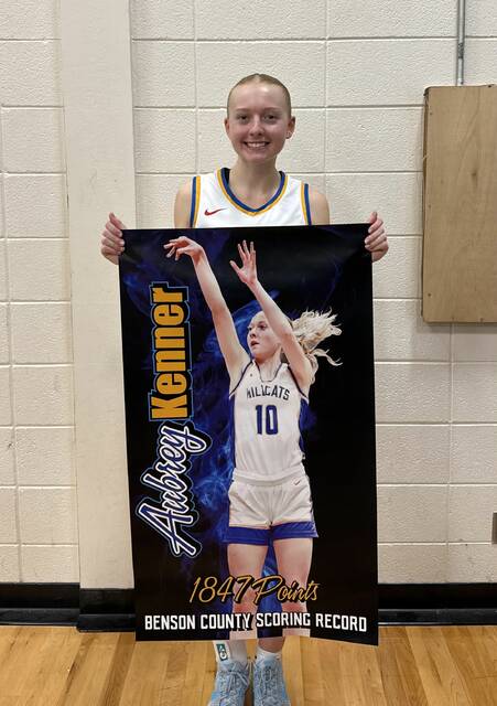 132137715_web1_IMG_20260214_185213
Aubrey Kenner surpassed the Benson County scoring record of 1,847 points during the Wildcats semifinal victory over St. John on Saturday in Maddock.