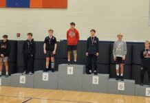
			
				                                Rylan Samuelson stands atop the podium of the 121 weight class. (Photo via Devils Lake High School Wrestling on Facebook)
 
			
		
