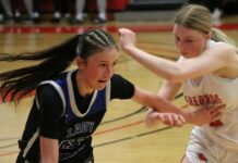 
			
				                                Four Winds/Minnewaukans Cailee Hanson tries to dribble past Devils Lakes Ava Beck in a game at the Devils Lake Sports Center. (Photo by Mojo Hill)
 
			
		