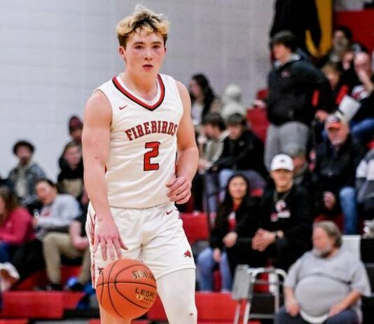 
			
				                                Mason Palmer dribbles into the frontcourt for Devils Lake. (Photo by Cameron Carlson)
 
			
		