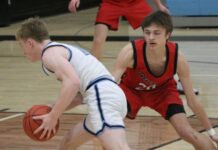 
			
				                                New Rockford-Sheyennes Thomas Allmaras drives past North Stars Rylen Anderson in the teams district meeting at New Rockford-Sheyenne Public School. (Photo by Mojo Hill)
 
			
		