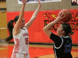 
			
				                                Devils Lakes Mia Elsperger guards the in-bounds pass from Four Winds/Minnewaukans Suri Gourd in their regular-season meeting on Feb. 9, 2026. (Photo by Mojo Hill)
 
			
		
