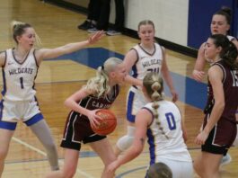 
			
				                                Langdon Area/Munichs Mya Swanson drives into the lane, past the outstretched hand of Benson Countys Addisyn Faul, in the 2025-26 District 4 championship. (Photo by Mojo Hill)
 
			
		