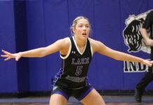 Brackets set for Region XIII basketball playoffs
LRSCs Sydney Schwabe prepares to guard her opponent in a game against Dawson Community College at Four Winds Community High School. (Photo by Mojo Hill)