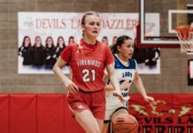 
			
				                                Presley Brown dribbles the ball for Devils Lake with Four Winds/Minnewaukans Suri Gourd trailing behind her. (Photo by Cameron Carlson)
 
			
		