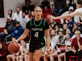 
			
				                                Thompsons Addison Sage looks to dribble around Carringtons Aniston Hoornaert in the Region 2 championship at the Devils Lake Sports Center. (Photo by Cameron Carlson)
 
			
		