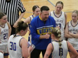 
			
				                                Benson County head coach Bryan Kenner gives his team a pep talk during a timeout. (Photo by Mojo Hill)
 
			
		